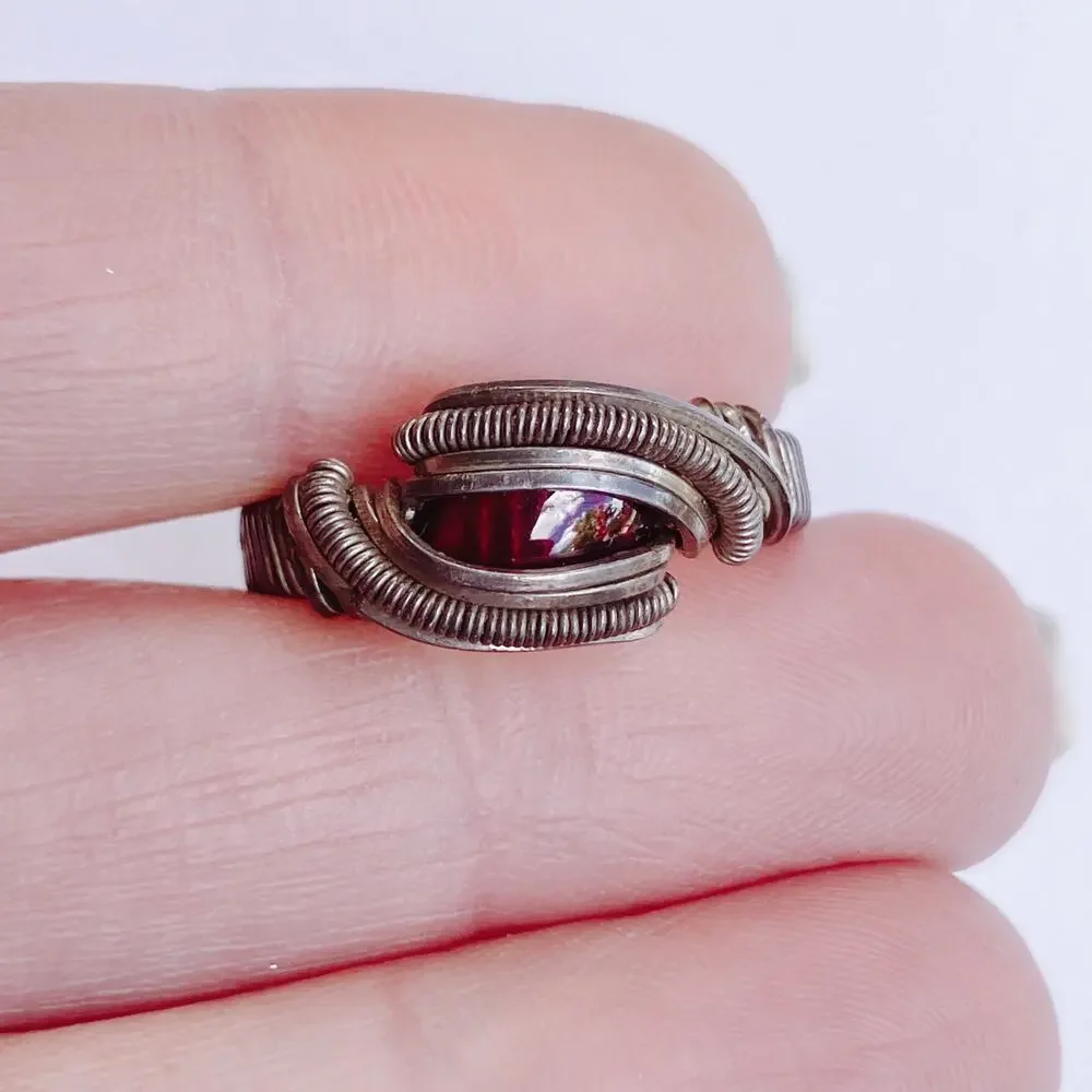 Artisan Wire Wrapped Silver Ring Red Glass Cabochon Y2K Boho Fantasy Style